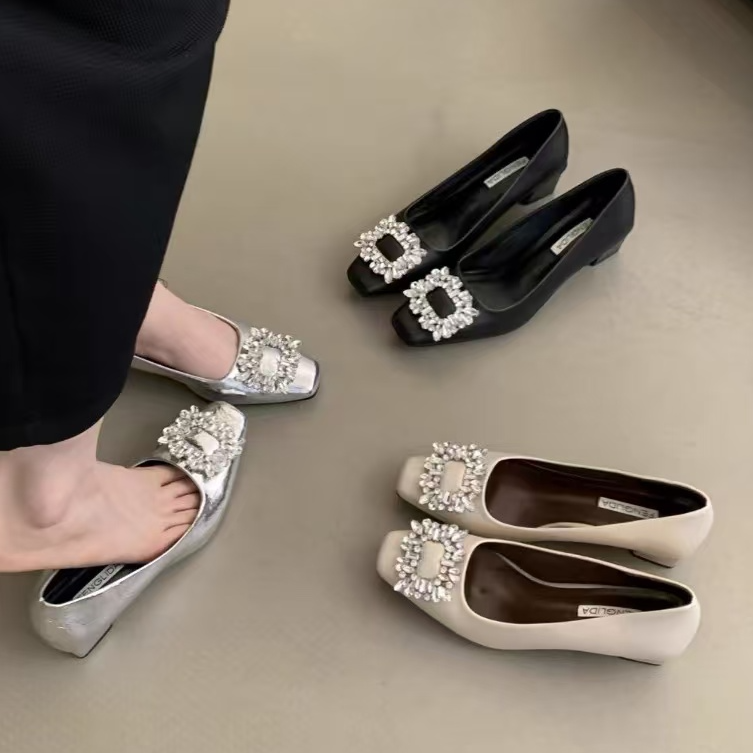 SUMI 气质小香风方头浅口单鞋水钻方扣粗跟淑女中跟鞋时尚百搭