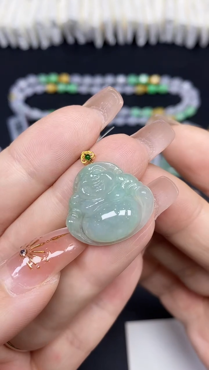 吊坠(不含链)18K金镶嵌翡翠佛公18K金扣镶嵌@@CMT1221-1