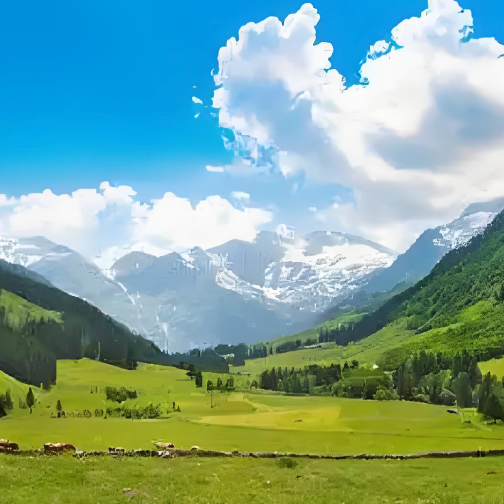 真实大草原风景蓝天白云 绿树成荫牛羊雪山耸立优美风景画