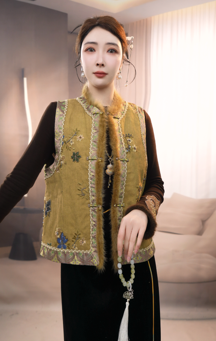 双层拼接国风云锦水貂毛马甲唐装马夹国风