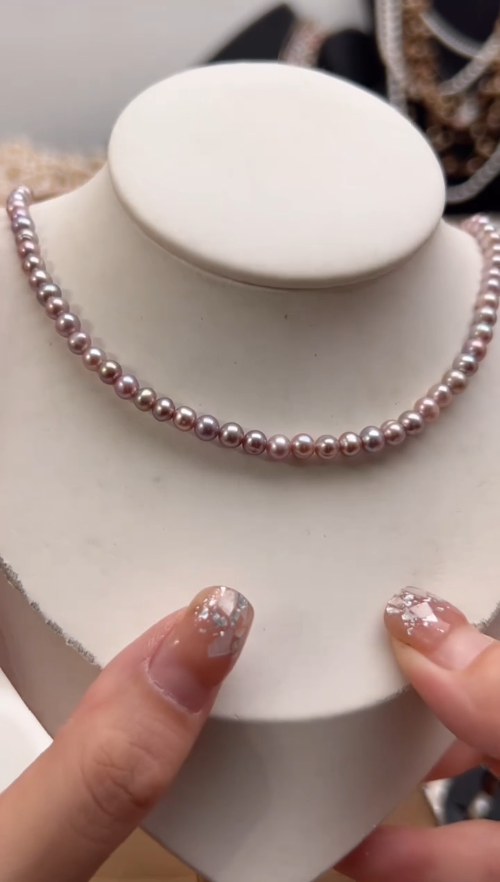 未镶嵌淡水珍珠13强光*珍珠项链（紫灰4mm+无核）近圆