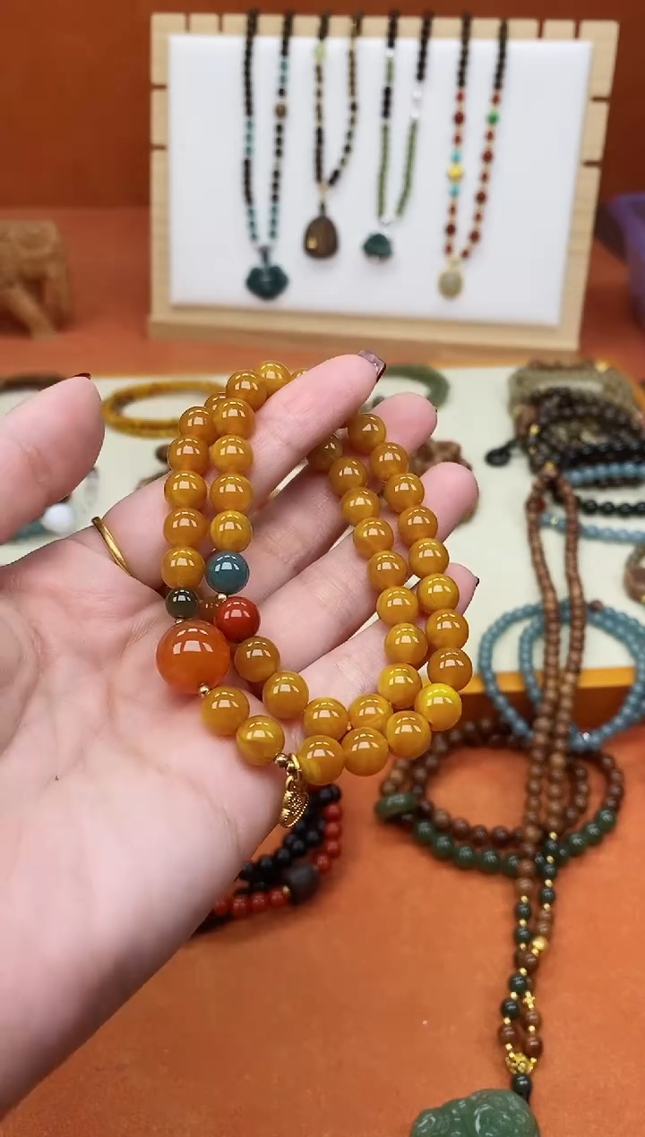 手链蜜蜡未镶嵌双圈蜜蜡和田南红蓝水手串