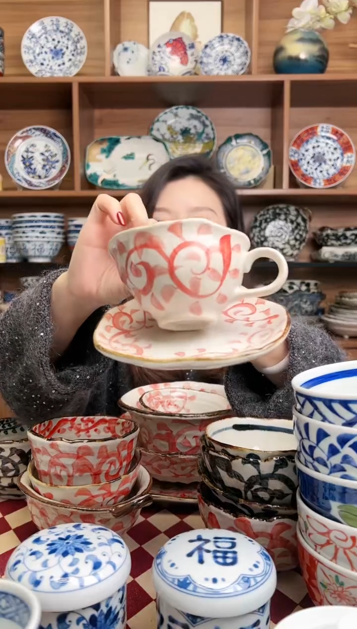 【闪购商品】瓷片章鱼唐草 红茶杯套装（赤）