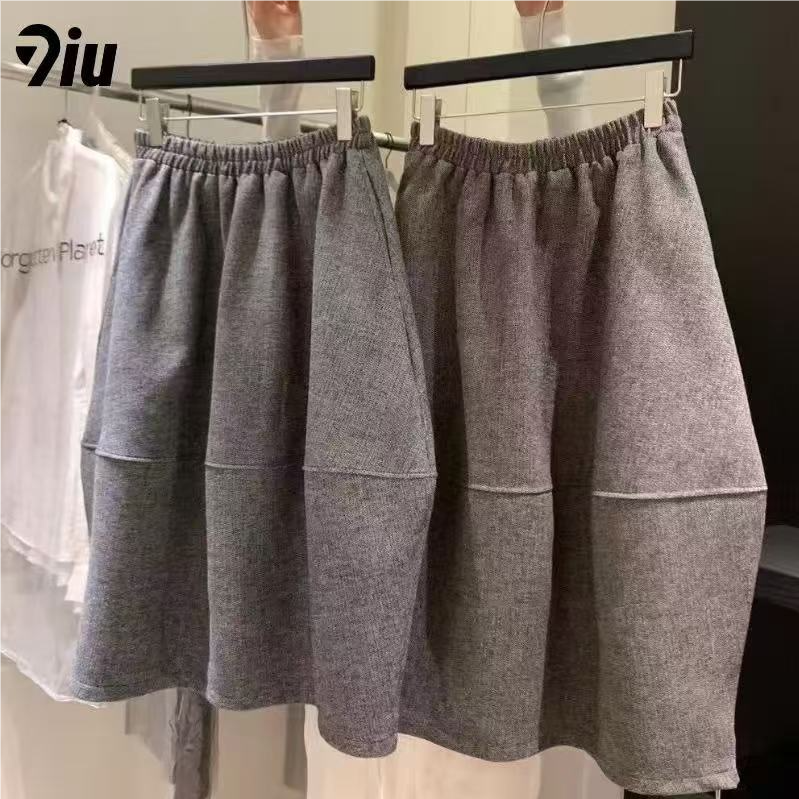 裙子高腰灰色常规女装A字花苞裙半身裙