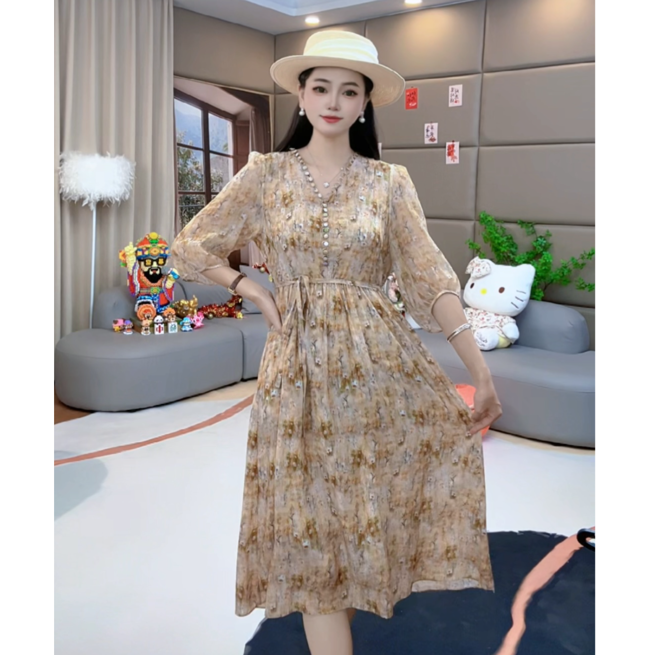 马洛克“桃花源记” V领显瘦时尚休闲气质真丝连衣裙 80153