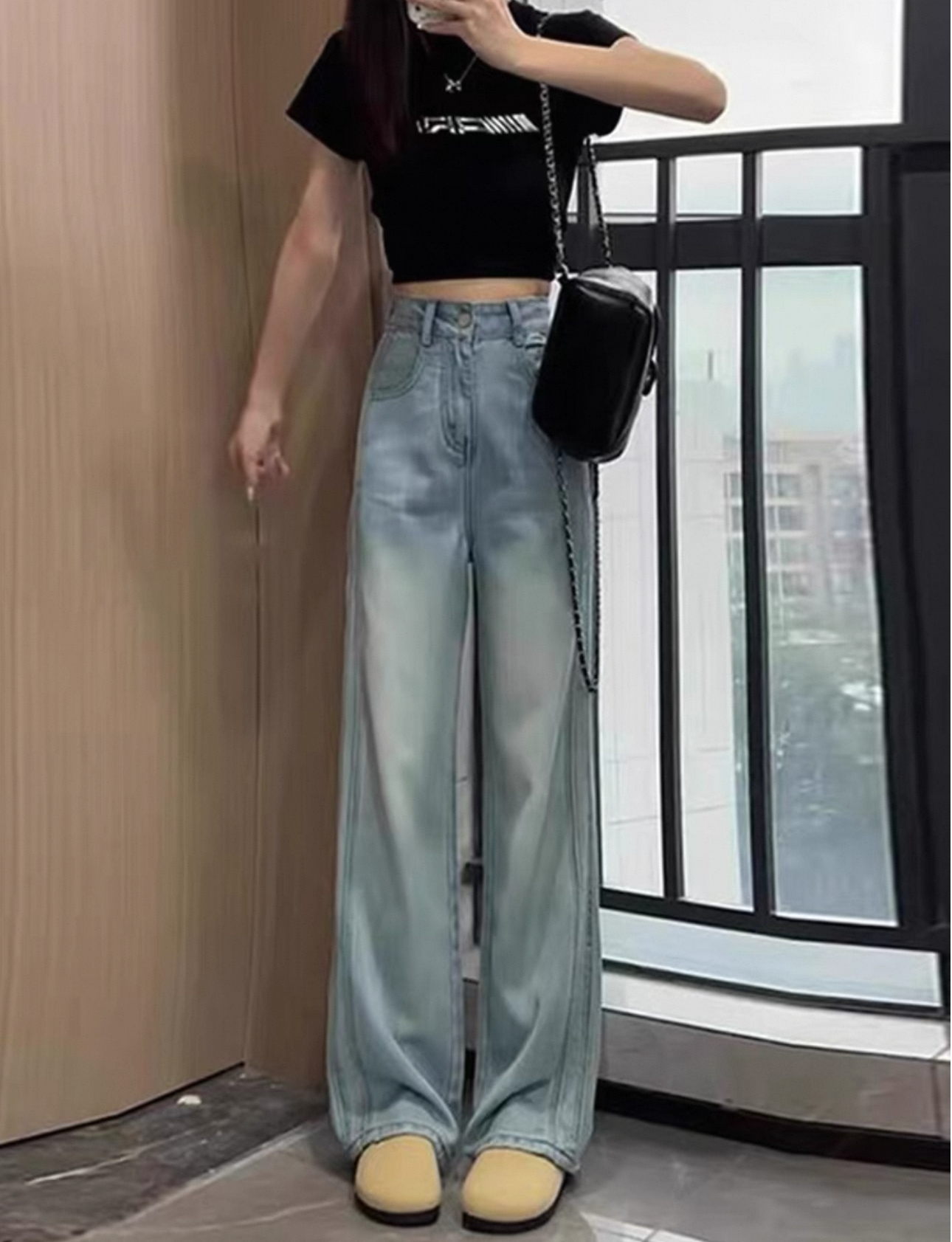 复古水洗做旧阔腿牛仔裤女春季口袋设计高腰宽松显瘦直筒裤女5171