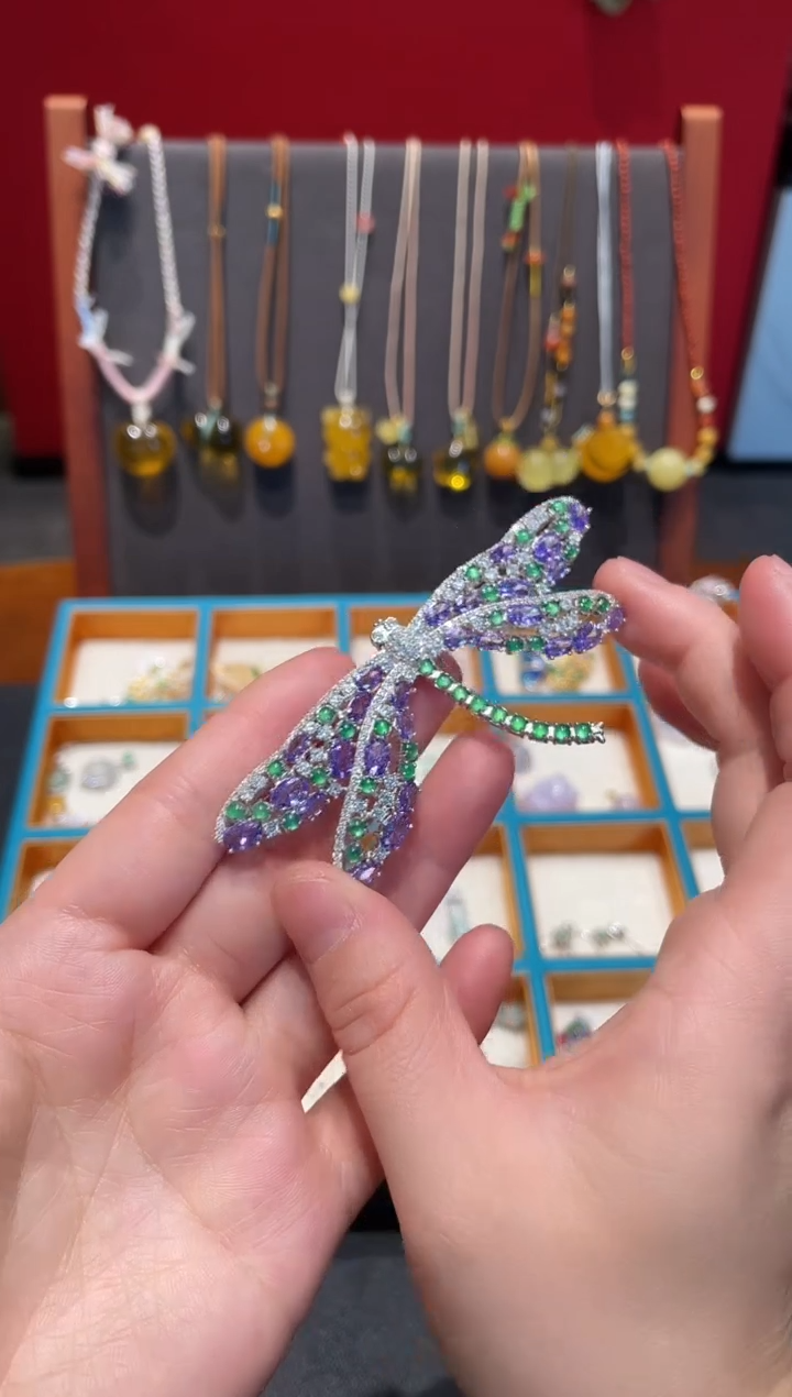 颈饰银S925镀金镶嵌翡翠蜻蜓胸针