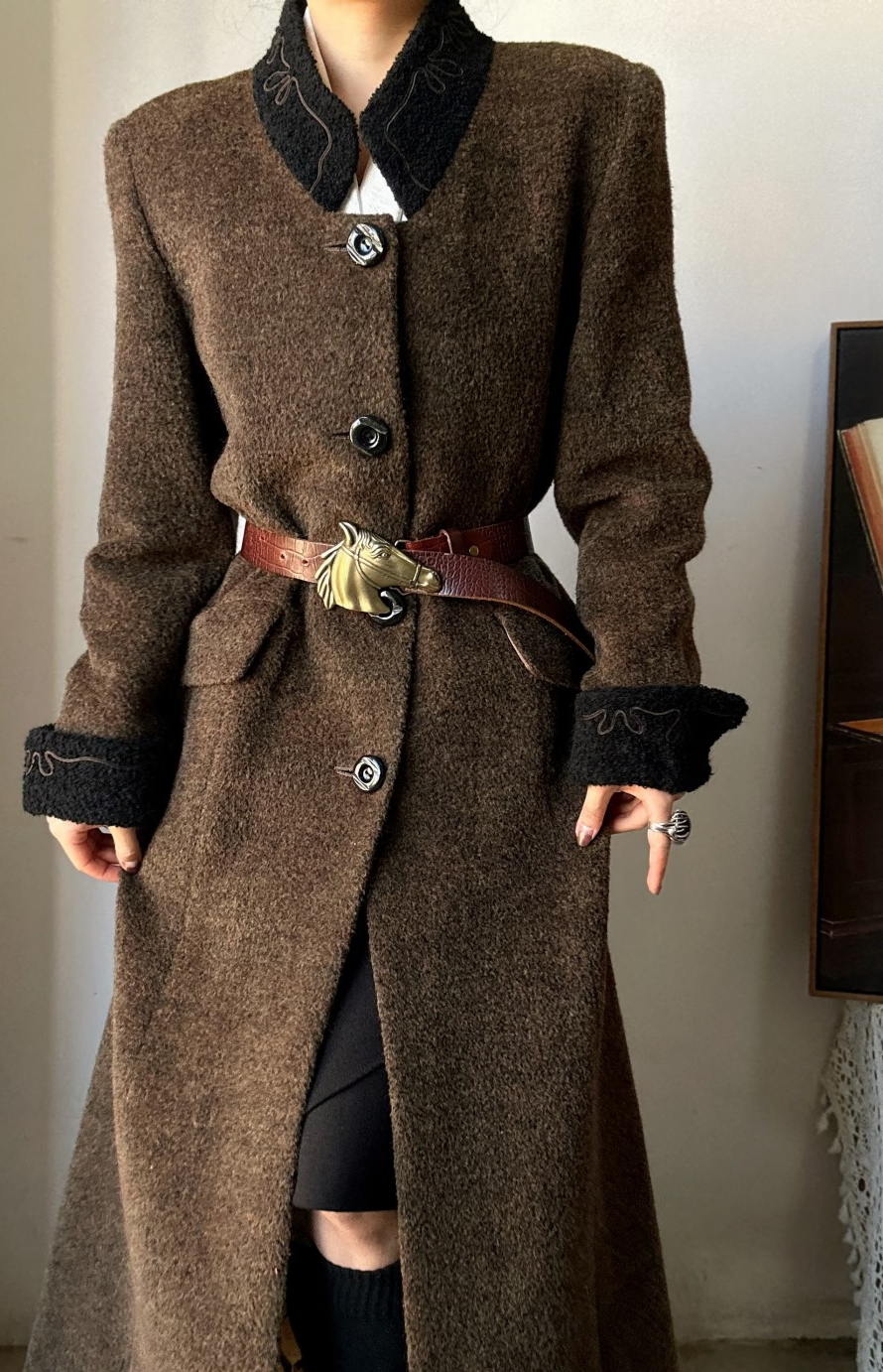 vintage中古法式中长款秋冬大衣复古气质女装羊绒宽松款