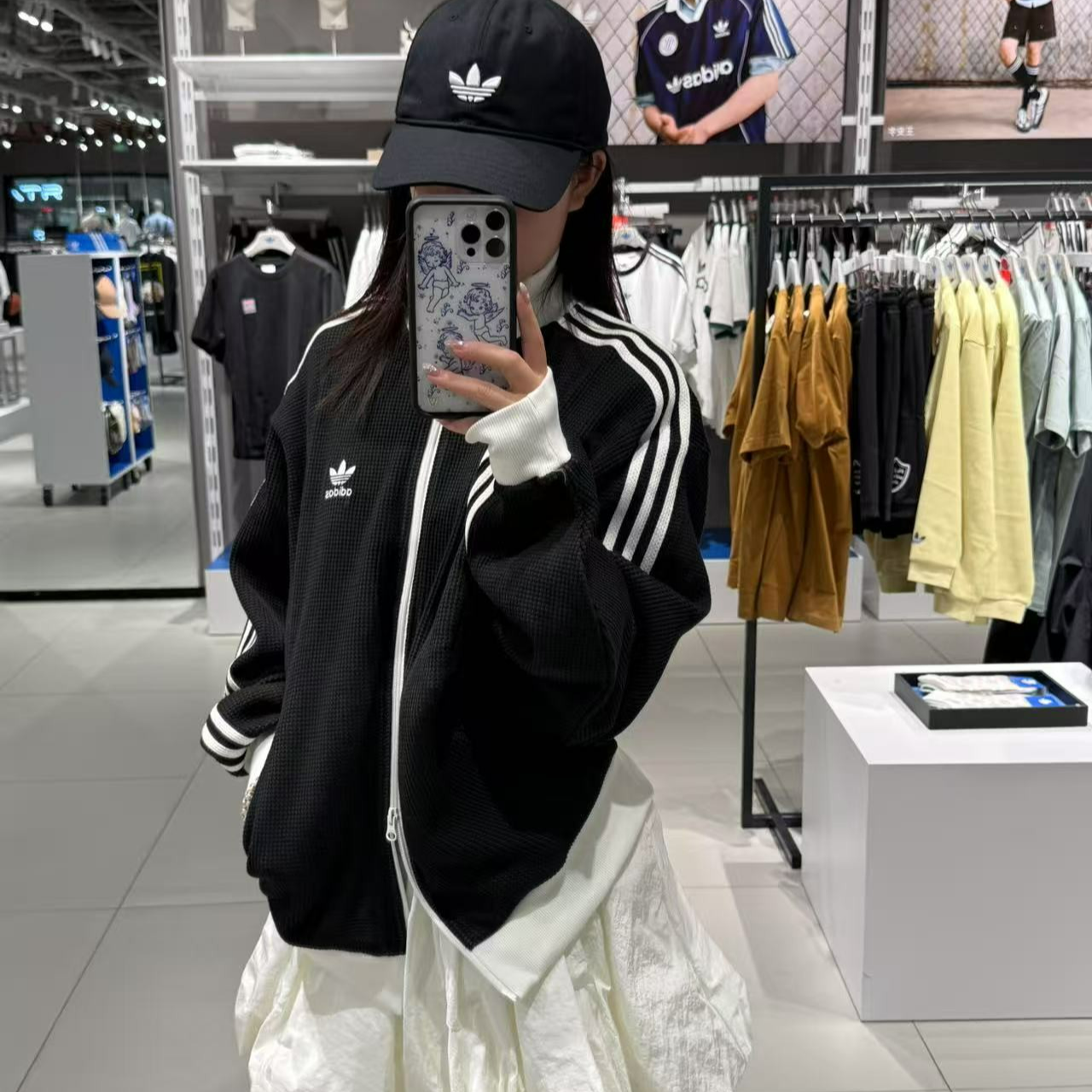 adidas/阿迪达斯三叶草黑色华夫格立领运动宽松夹克外套KC2619