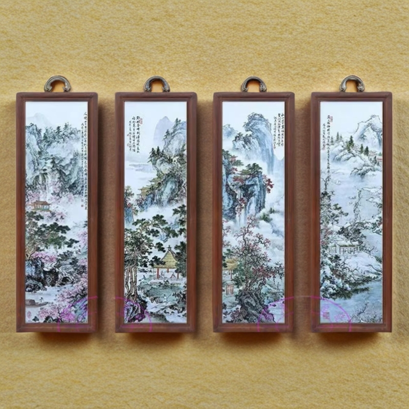 景德镇瓷板画粉彩山水四季山水四联屏实木边框80*28cm挂画