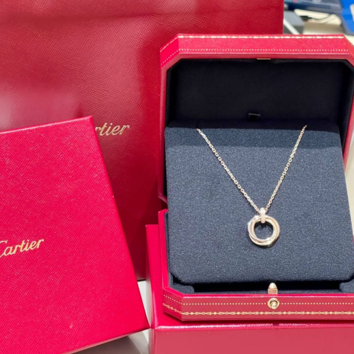 99新 Cartier/卡地亚 小花6枫Trinity 三色金三环项链 5钻 项链 