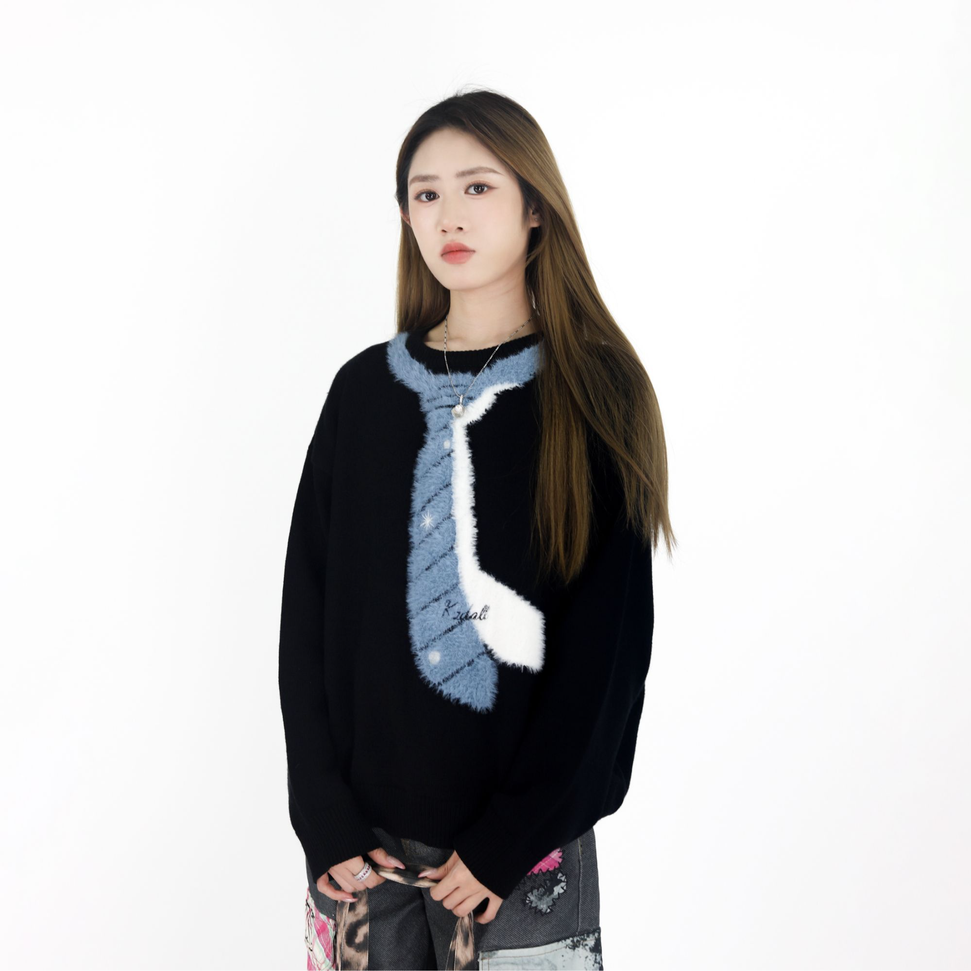 KZDALL原创设计领带提花毛衣秋冬宽松休闲男女慵懒感百搭针织衫