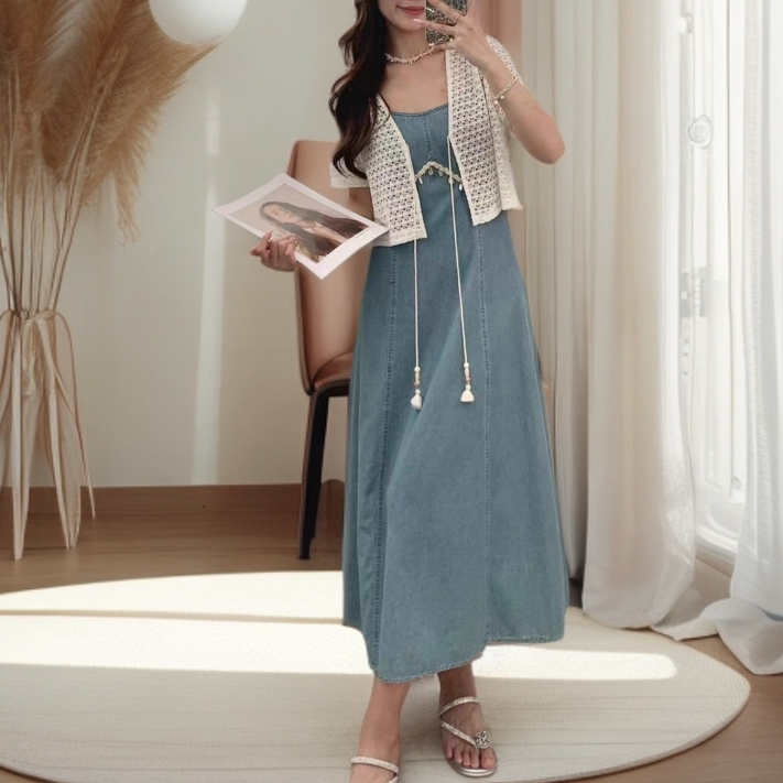 8032【吊带可调节】夏季网纱披肩开衫小衫+复古吊带牛仔连衣裙套装