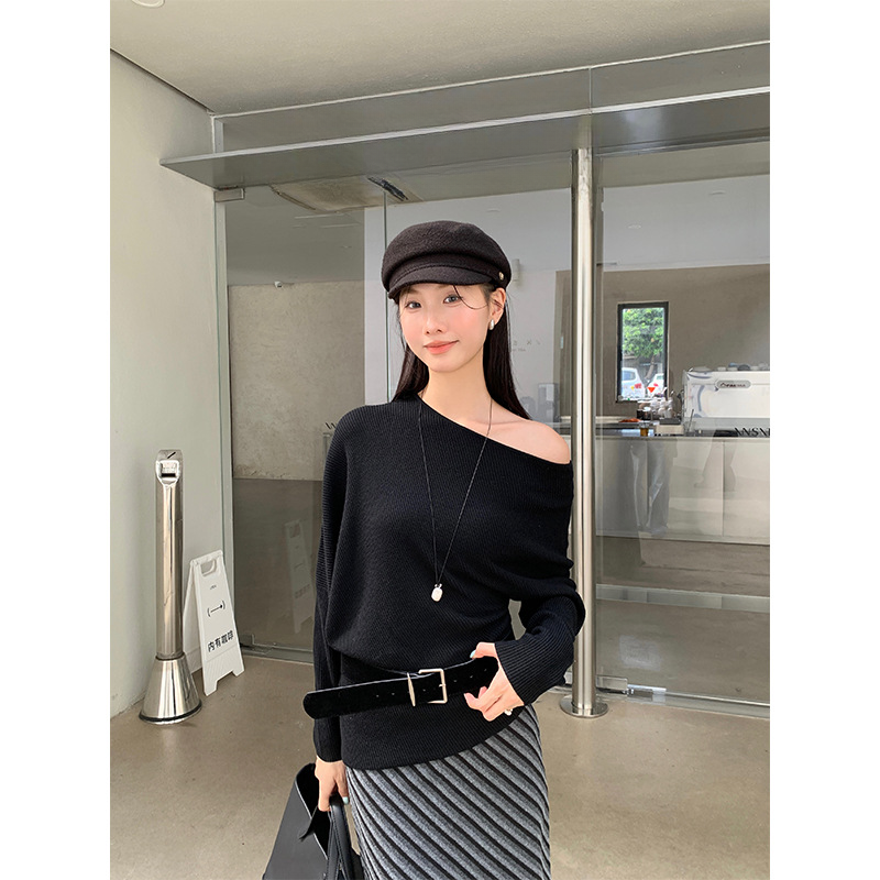 秋简约斜肩不规则下摆针织长袖上衣百搭显瘦毛衣时尚气质修身秋冬