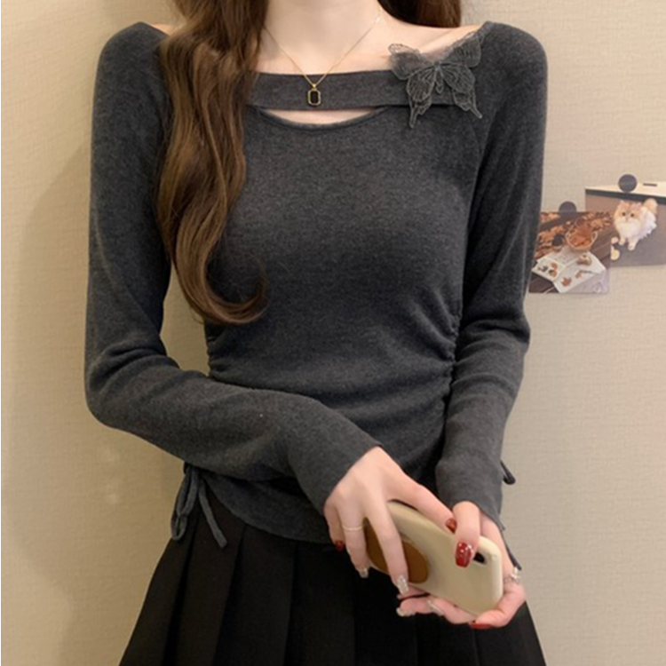 灰色蝴蝶针织打底衫女秋季穿搭爵士舞独特漂亮miu里miu气长袖上衣