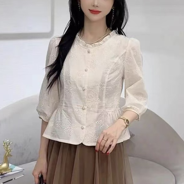 100%纯棉法式衬衫女2025早秋新款洋气显瘦减龄宽松遮肚百搭上衣潮