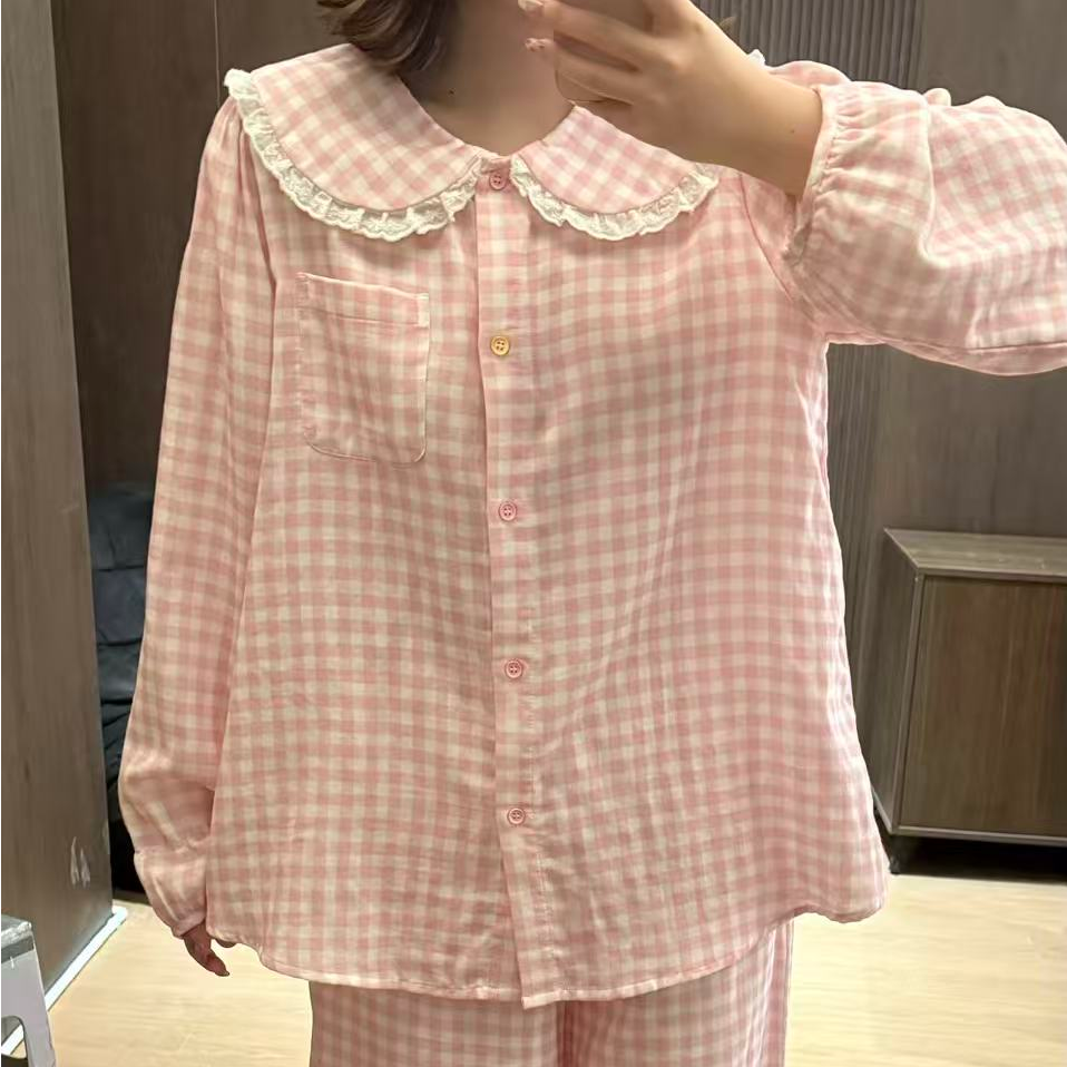 VINEEMAN粉色女家居服套装格子少女睡衣秋季娃娃领长袖