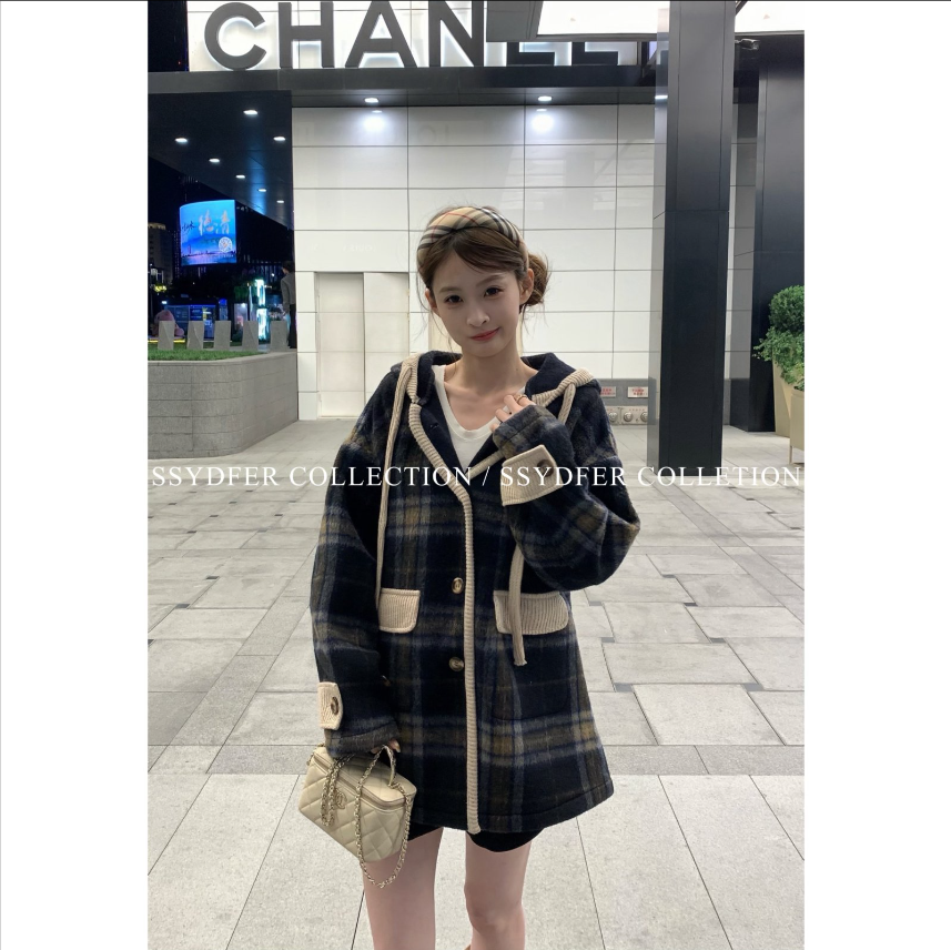 SSYDFER【德拉街区】新款秋冬双面穿羊毛混纺复古连帽开衫