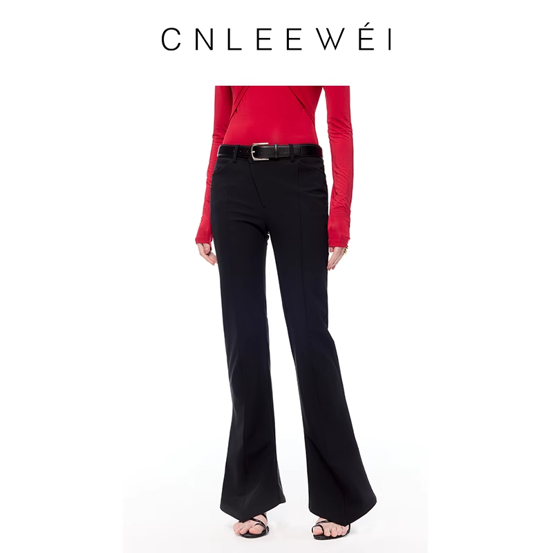 CNLEEWEI2025春夏新款时尚不对称腰高弹紧身百搭黑色喇叭裤长裤