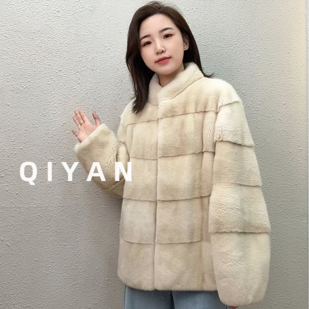 启颜「千金貂」横排进口天鹅绒整貂皮大衣女短款立领水貂皮草简约