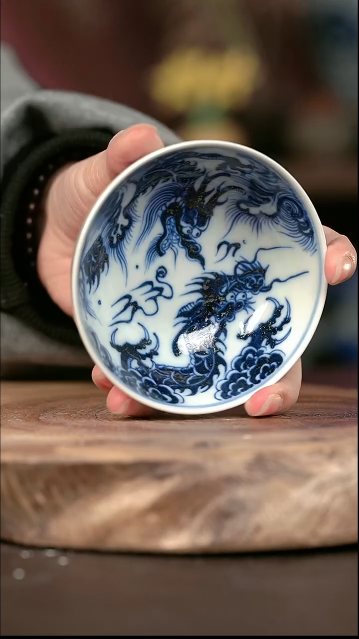 手绘 高温现代瓷  柴窑   双龙普洱杯100c