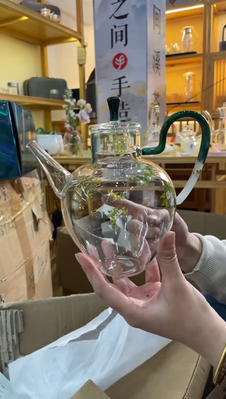 手工艺品玻璃执壶绿白把手梨花白燕
