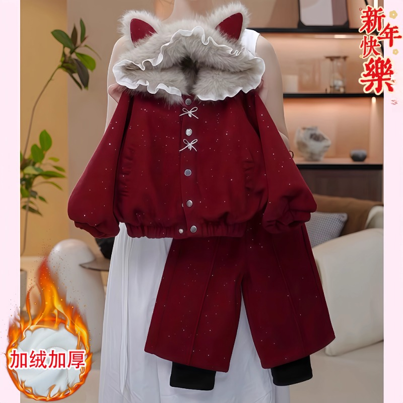 女童加绒红色毛呢外套假两件阔腿裤套装冬装2025新款卡通大衣年服