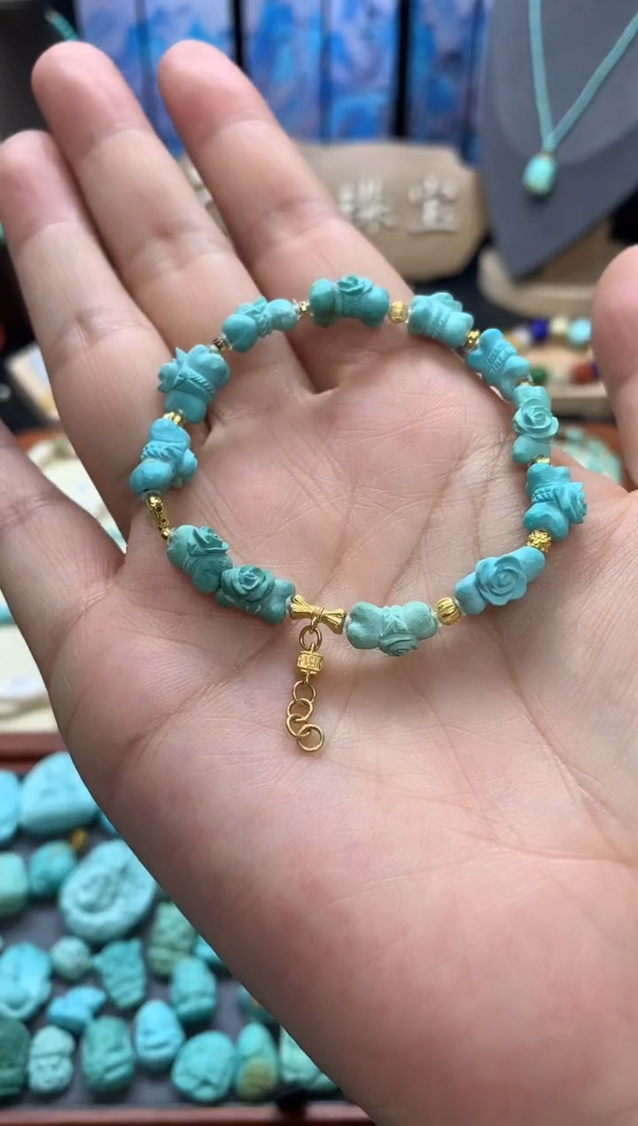 【闪购商品】绿松石手链18K金镶嵌高瓷绿松石小骨