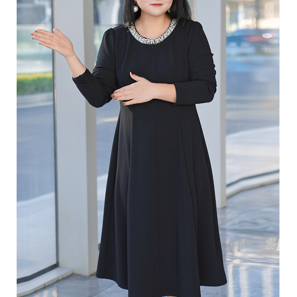 MsShe大码女装法式重工钉珠半拉链收腰连衣裙X~S2503001