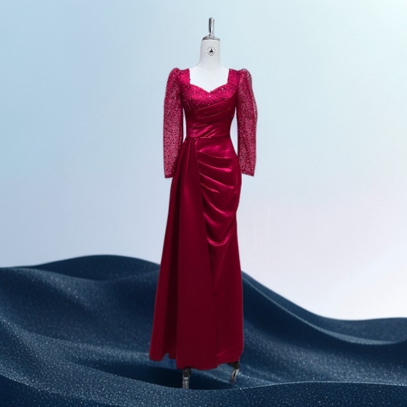 长袖长裙鱼尾裙礼服晚装宴会连衣裙时髦小姨风