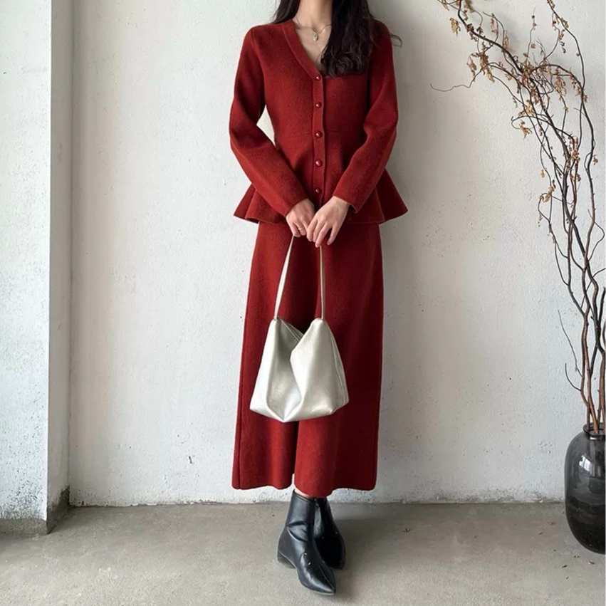 [DARUI]气质高级感女秋冬贵感红色针织开衫包臀半裙两件套10656