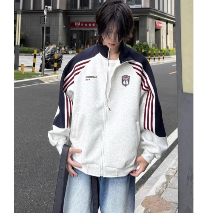 马克华菲美式复古刺绣秋季新款宽松开衫撞色立领外套男女同款早秋