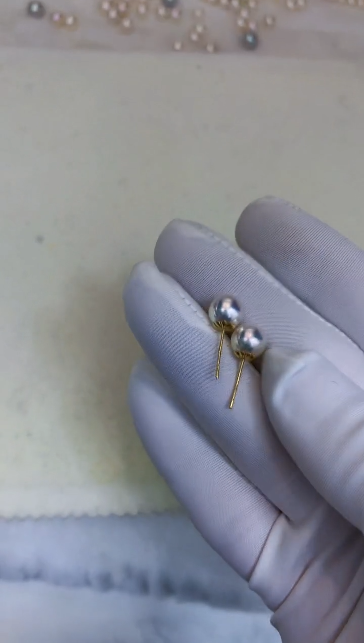 18K金镶嵌海水珍珠饰品7.5-8素钉定制