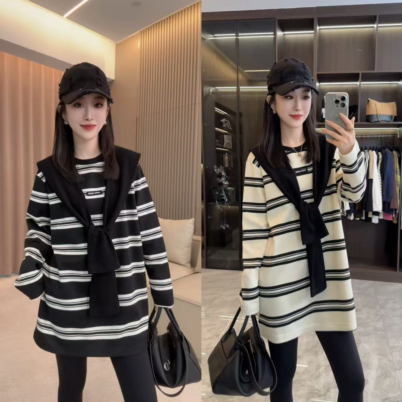 【丽丽家】慵懒风宽松型简约条纹披肩T恤大衫CL516