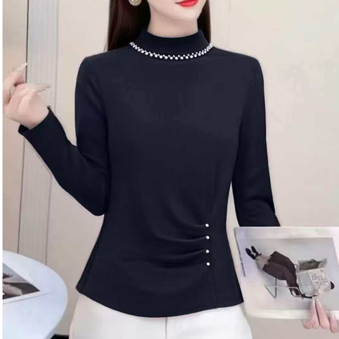0699#领口珠子款半高领打底衫上衣女衬衫显瘦洋气时尚百搭秋冬