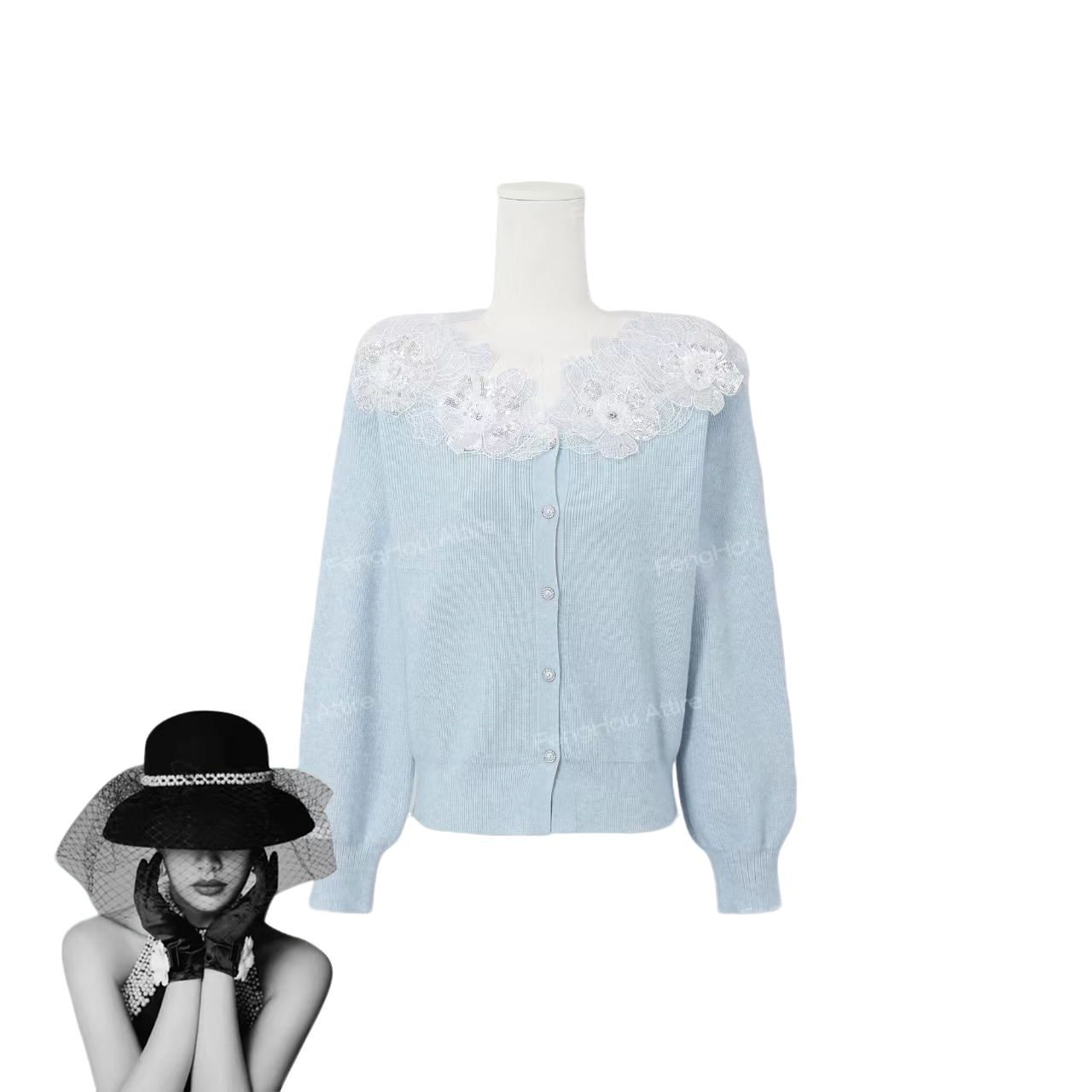 新款蕾丝花边领开衫百搭毛衣7779