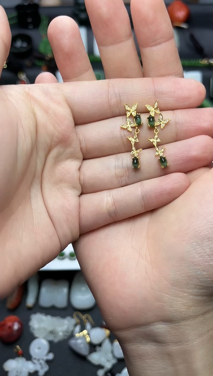 银S925镶嵌和田玉耳饰蝴蝶耳钉06