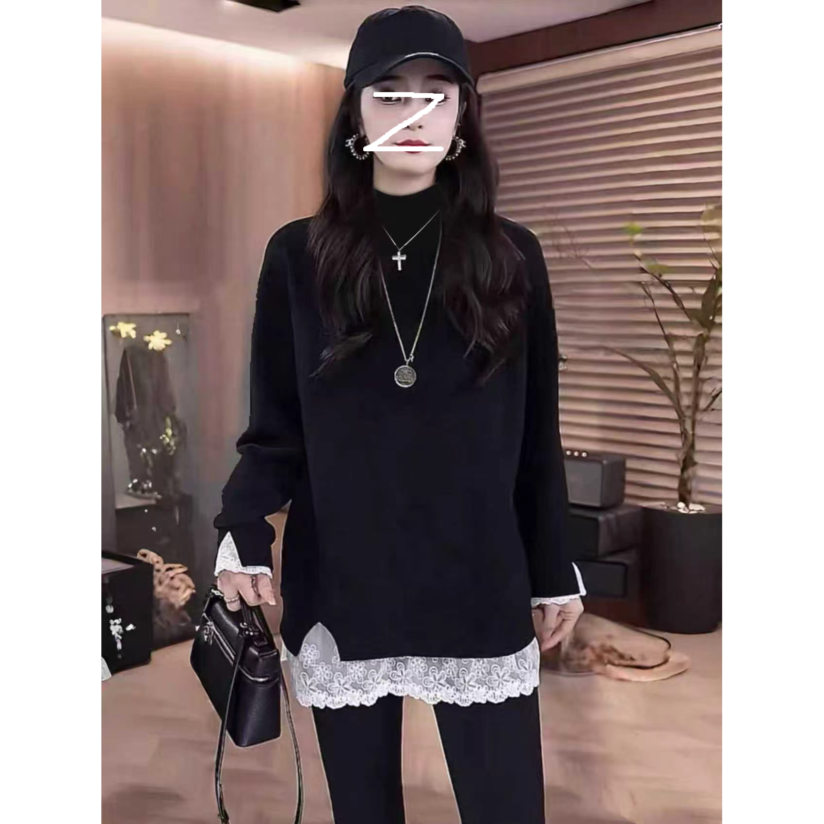 半高领2025新款宽松蕾丝打底衫中长款遮屁股t恤内搭纯色长袖上衣