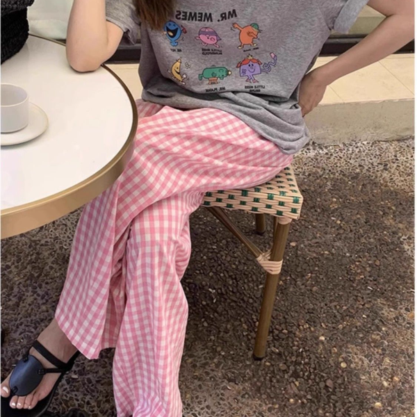 春秋睡裤长裤家居婴儿遛弯云朵棉格子宽松慵懒直筒夏季可外穿裤子