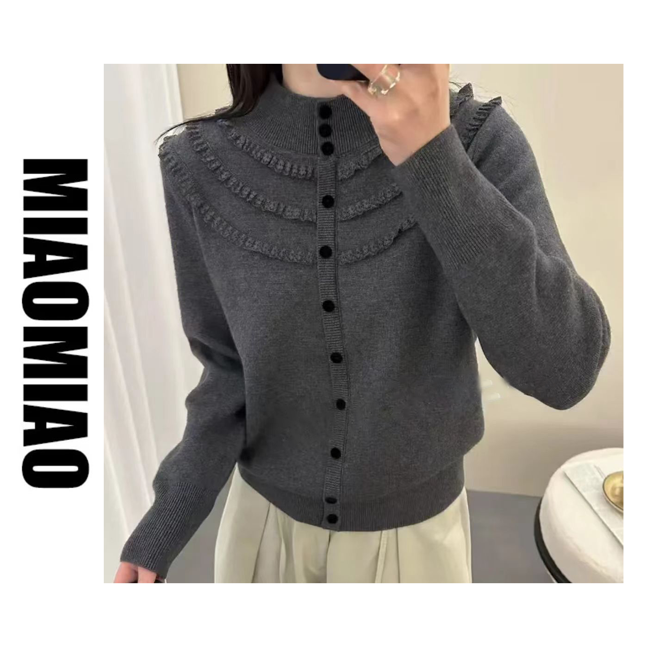 【大码】1490蕾丝木耳边2025秋冬新款韩系毛衣针织衫女上衣