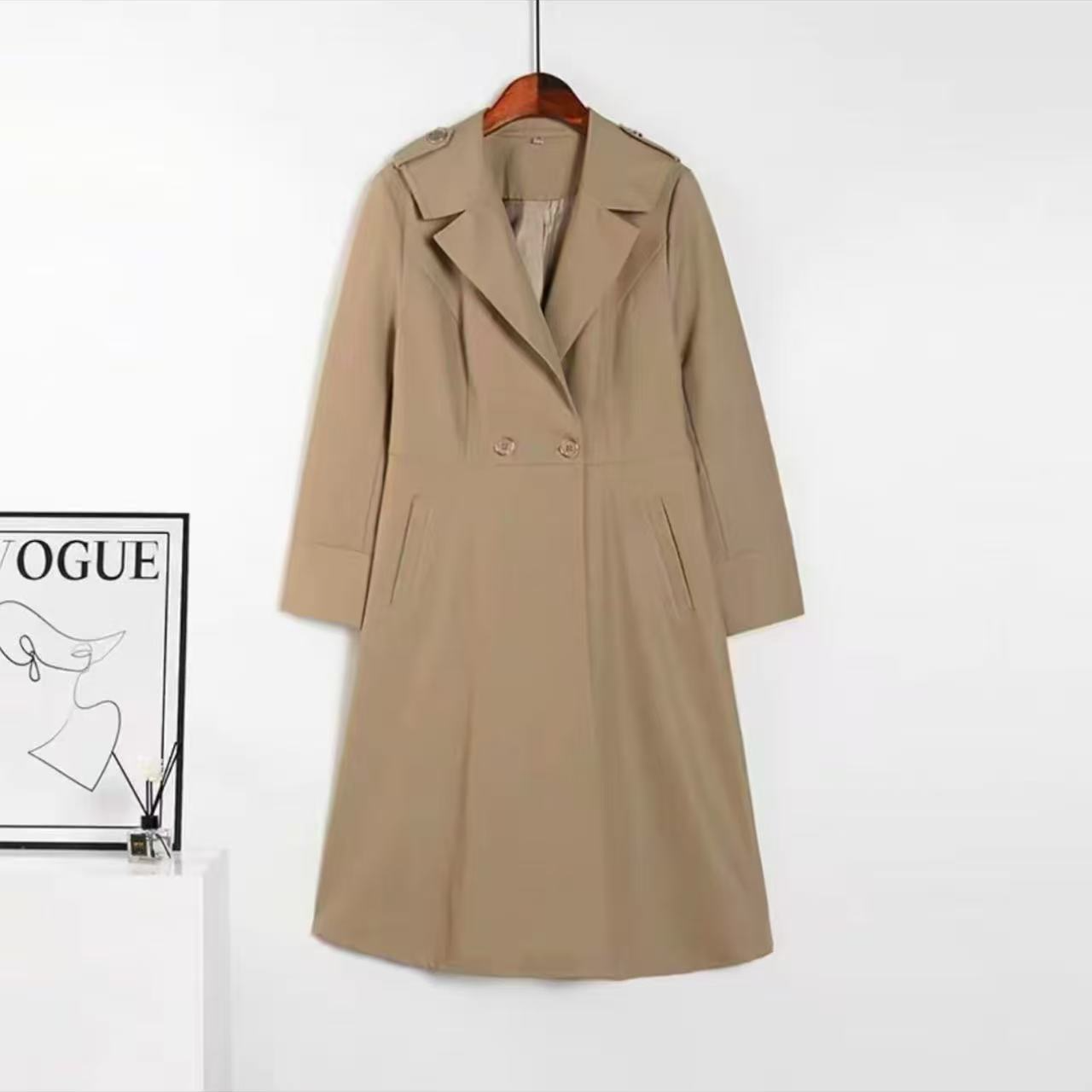 M624 女士轻奢风衣宽松型纯色时尚中长款百搭长袖卡其气质外套