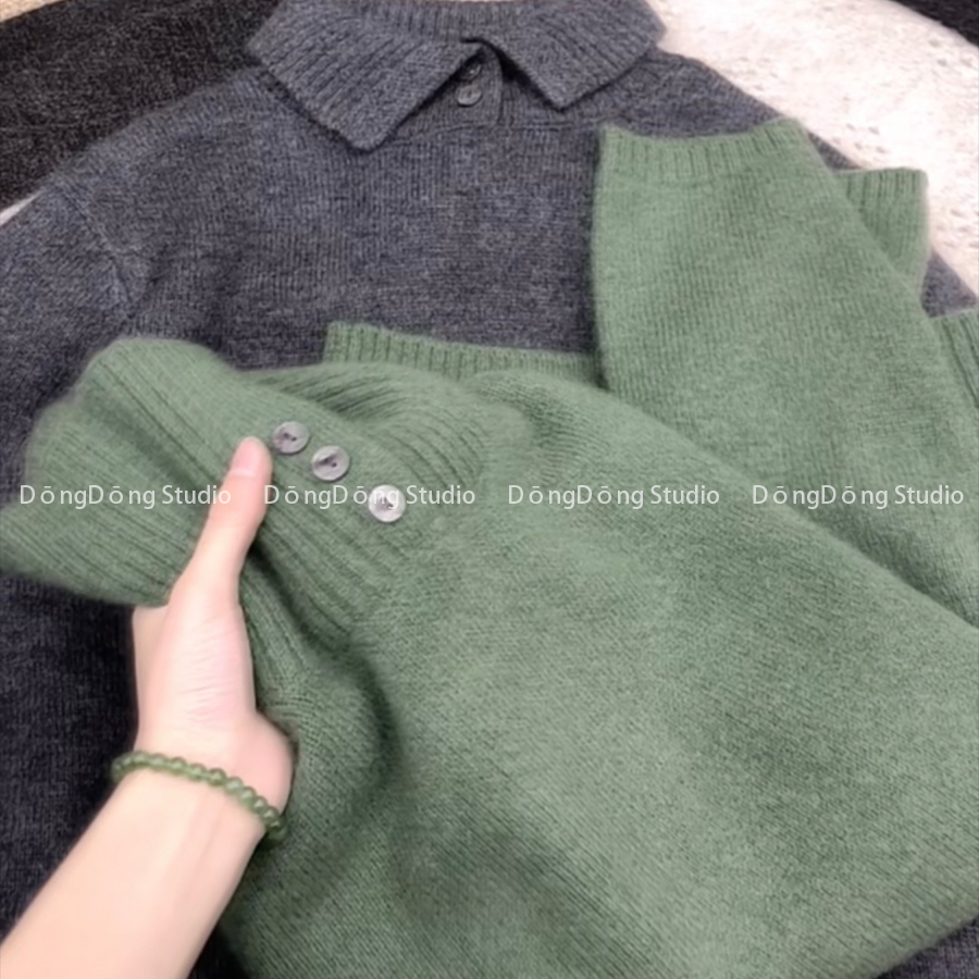 气质加分！【雾松绿】纯色翻领高领套头宽松长袖针织衫毛衣 7157