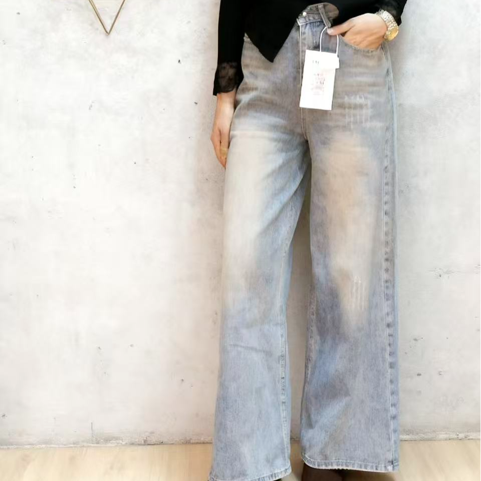 复古薄款阔腿裤水洗自然腰牛仔裤时尚长裤女士
