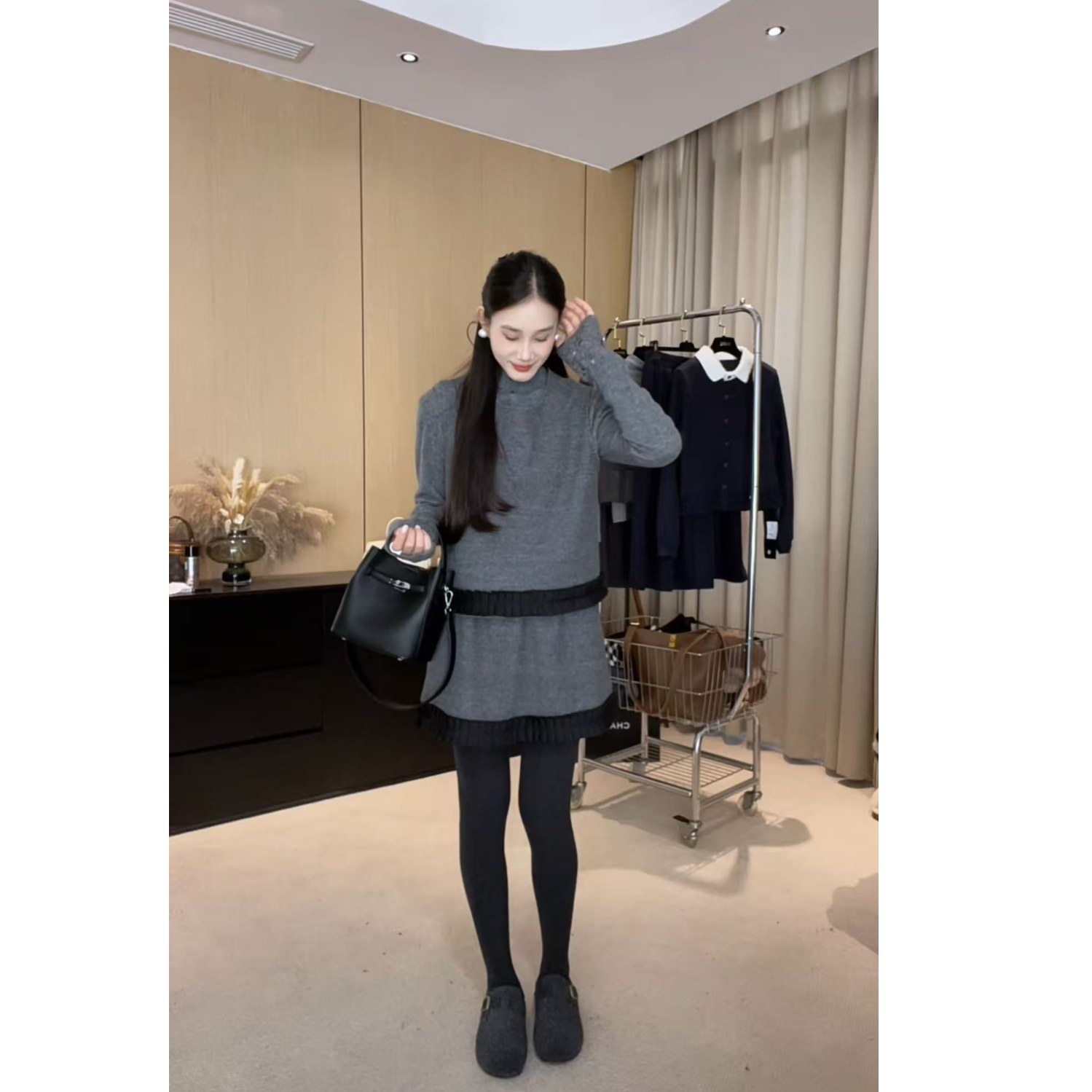 小香风叠穿套装女2025冬显瘦灰色针织背心裙氛围感一整套穿搭