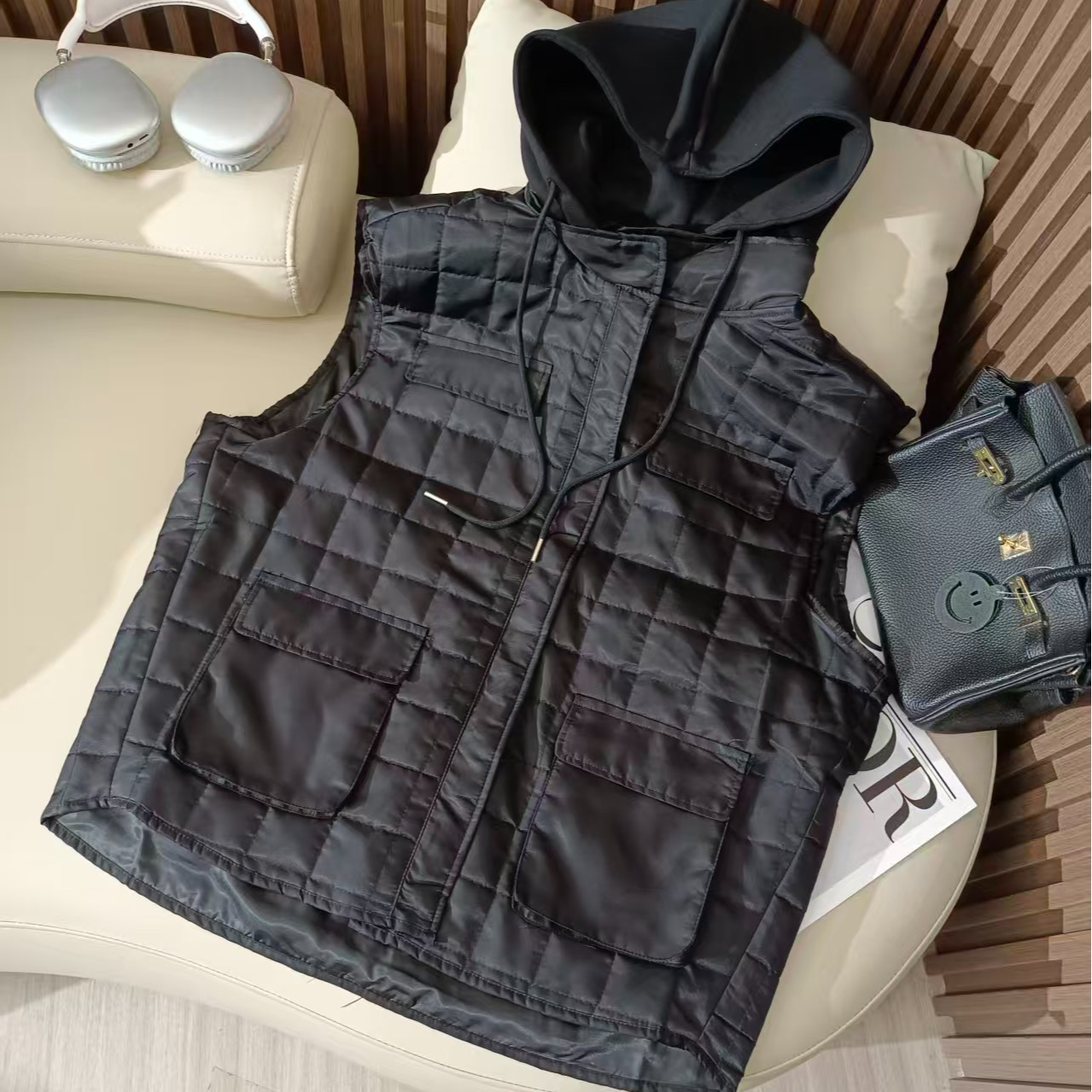 设计感男女款假两件格子连帽甜酷风马甲外套22773（A22-3）