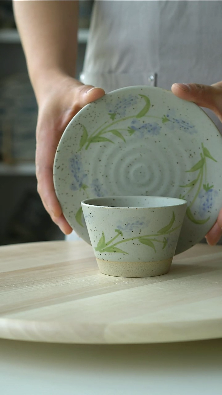 陶瓷粗陶薰衣草猪口杯碟220ml@4-2@