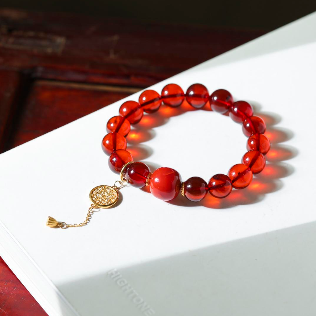 【意婵】《超脱》（10mm）天然原矿冰种血珀血珀单圈南红18K金-908045