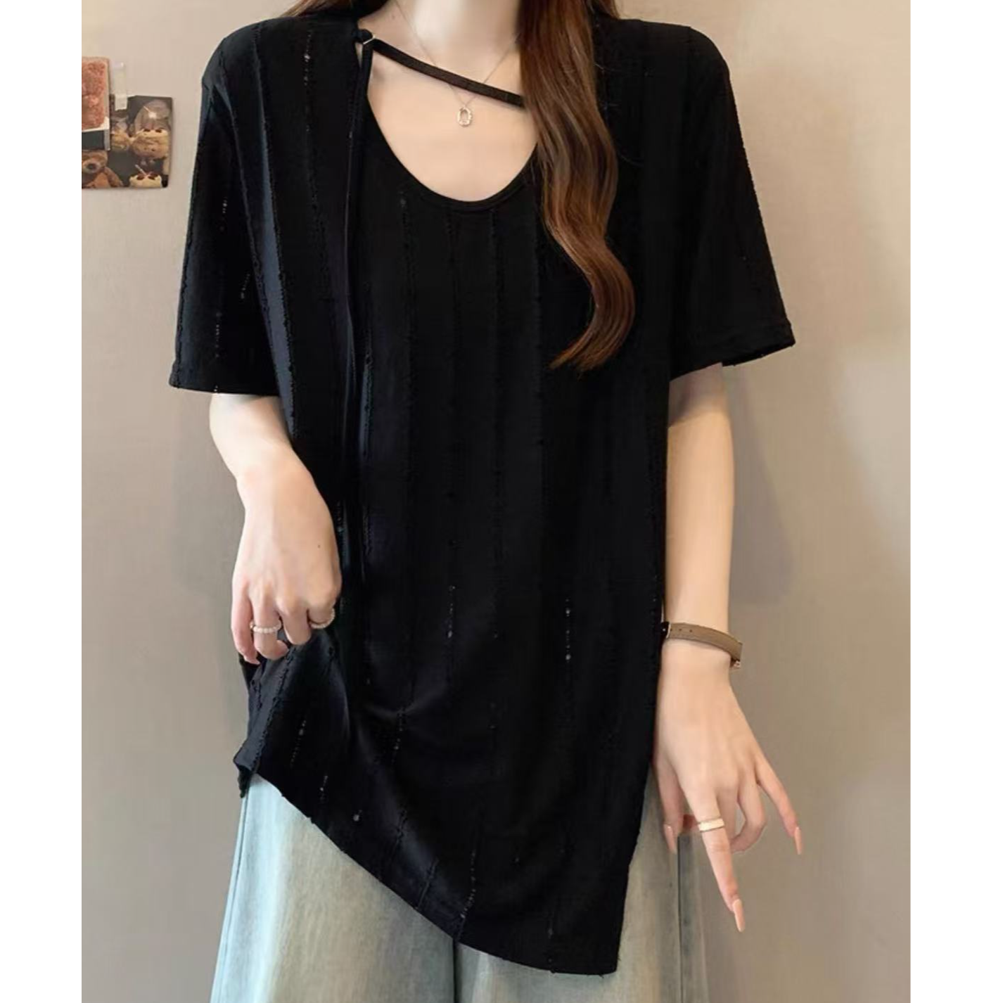 A2780黑镂空不规则开叉宽松时尚T恤