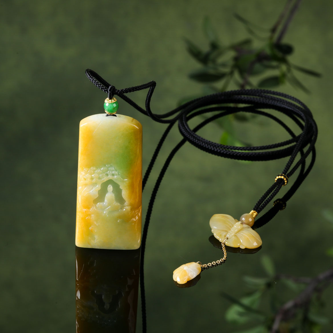 【意婵】《无相》“大超值”18K金天然稀缺缅A黄加绿老翡翠项链-916318