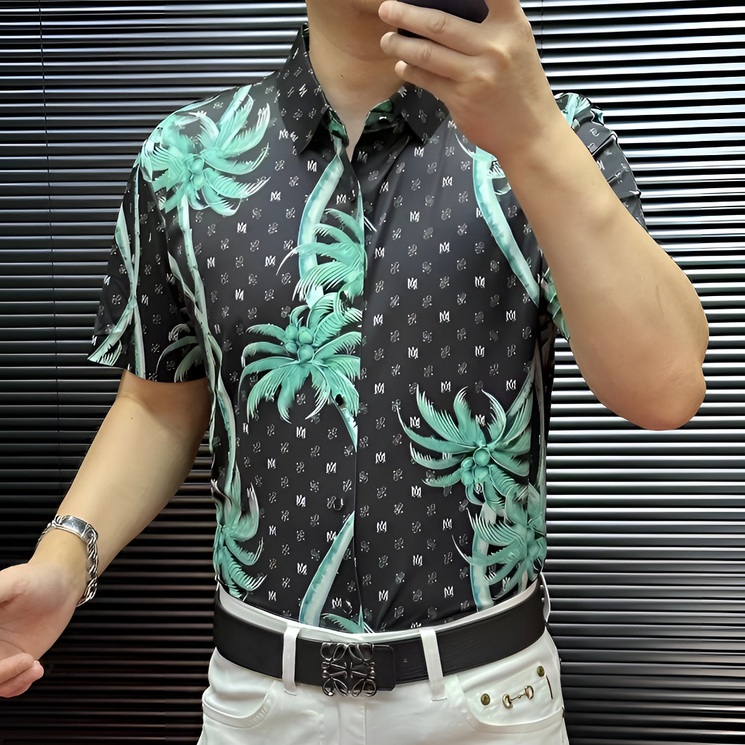 FLD甄选冰丝无缝免烫高弹力高品质男士百搭印花短袖衬衫2509124